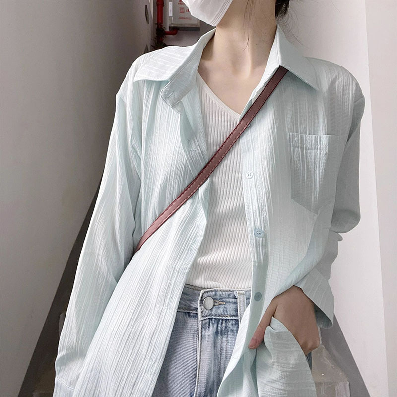 Ready stock wave strip thin sun protection shirt for women spring and summer design niche long-sleeved shirt for women