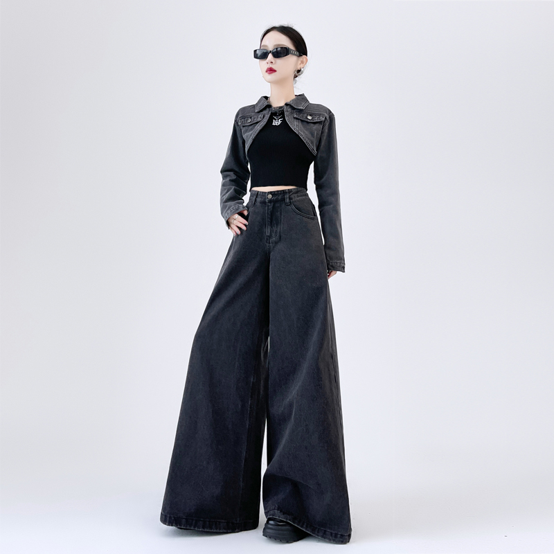 Retro black and gray wide leg jeans for women, loose high waisted, slim floor-length pants, long pants