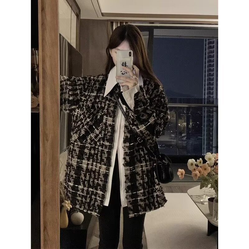 Korean style high-end woven plaid small fragrance jacket for women spring and autumn French retro niche temperament jacket trend