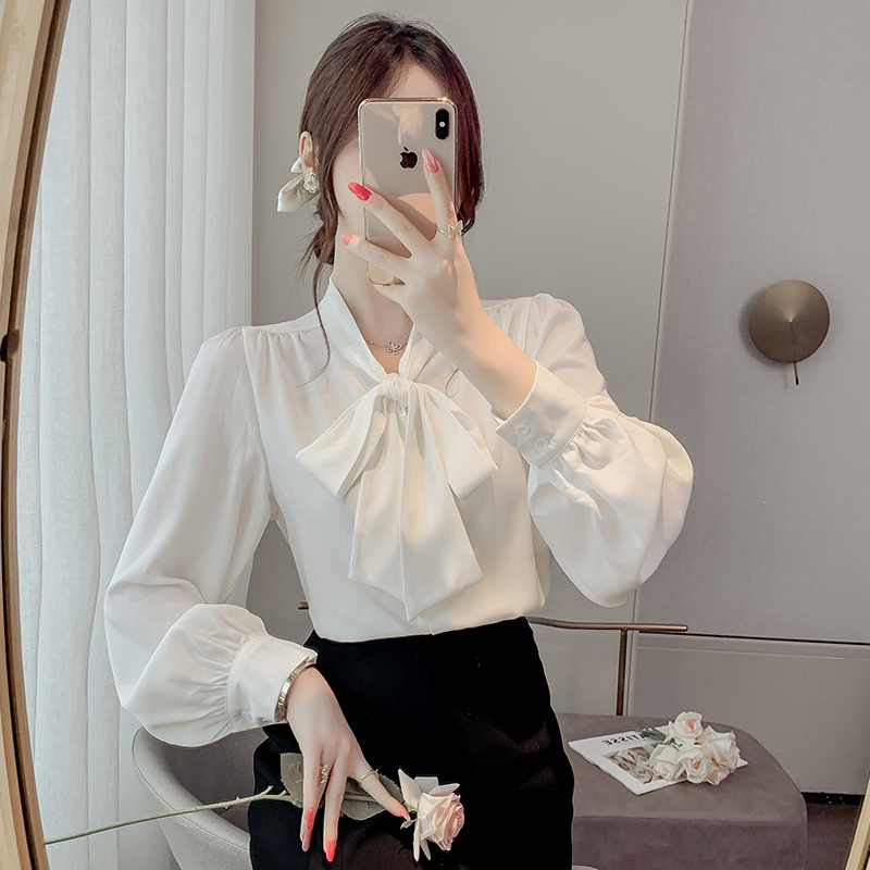 New autumn satin bow shirt for women