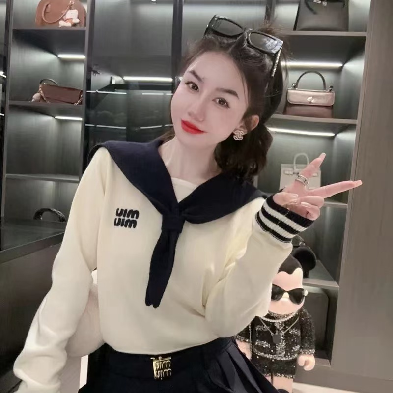 Amanda2024 Women's Autumn LXW Design Navy Collar Shawl Sweater Loose College Style Fashionable Knitwear 