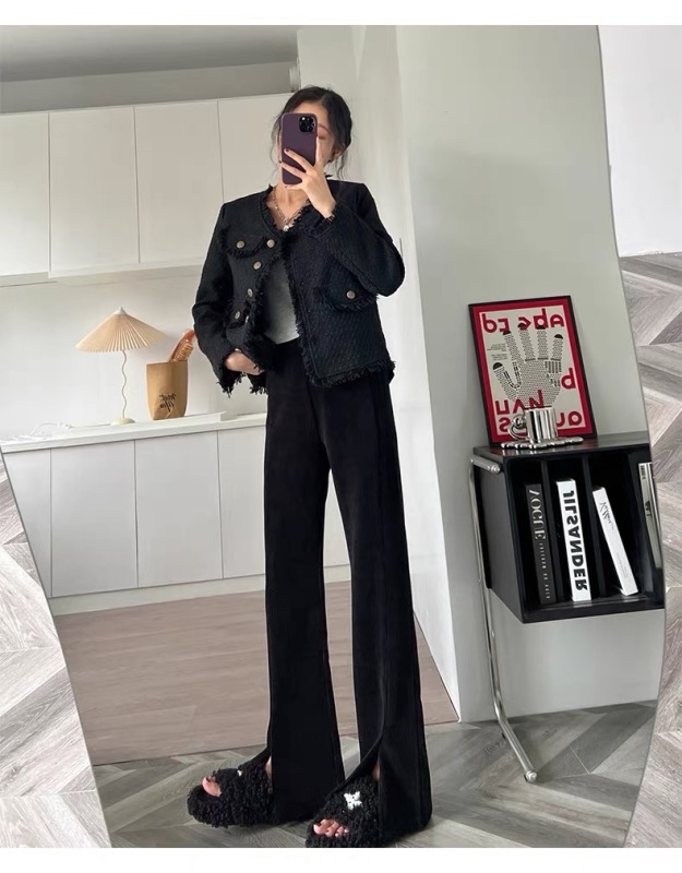 Chenille bell-bottom pants, autumn style slimming petite pants, drapey slits, narrow corduroy wide-leg pants for women, spring and autumn