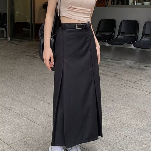 Gray pleated skirt women's new summer high-end mid-length high-waisted slim straight suit a-line skirt