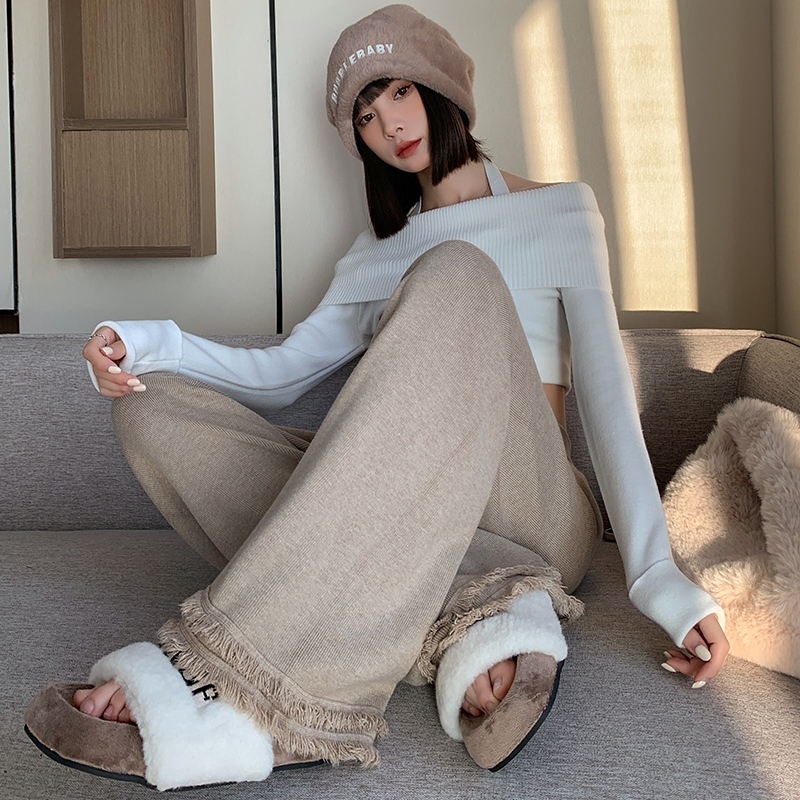 2024 new high-waisted flesh-covering slimming drawstring knitted tassel wide-leg pants for women