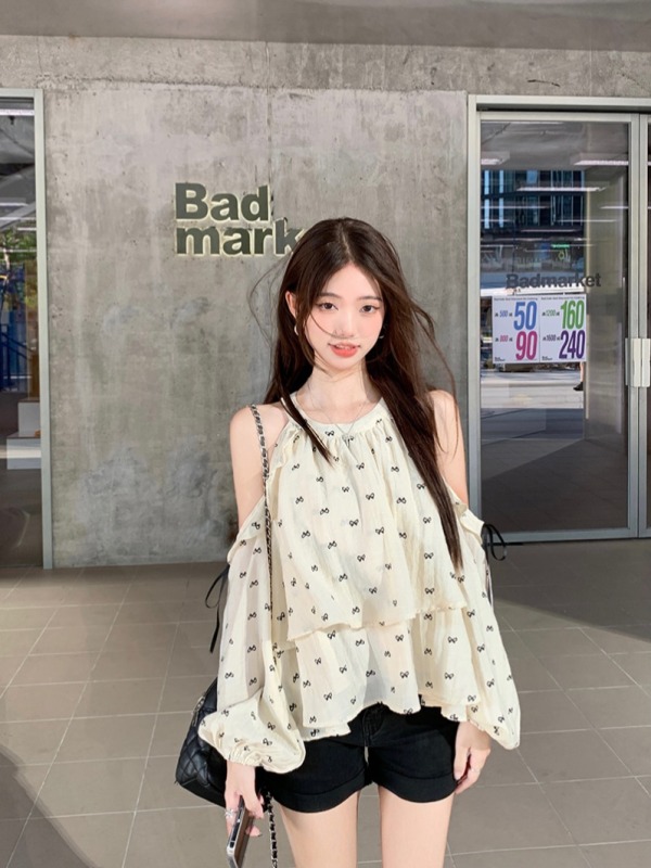 Off-the-shoulder tops for women, summer loose bow-knot printed girly long-sleeved short tops