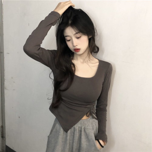 8604# Gypsophila has been shipped ribbed drawstring long-sleeved T-shirt women's autumn slim irregular short top