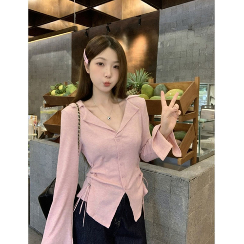 Original fabric, original workmanship, Korean design, long-sleeved T-shirt for women, new waist slimming top