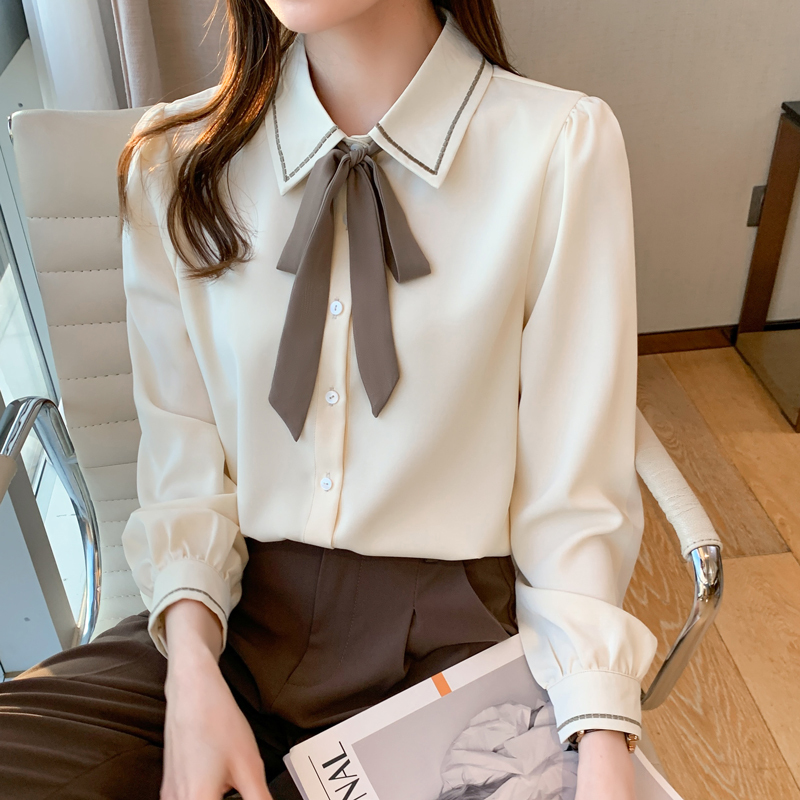 Bow shirt women's long-sleeved 2024 autumn new Korean style niche top sweet strappy chiffon shirt