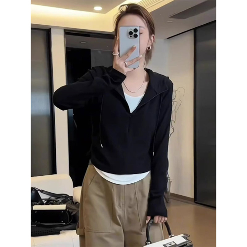 Early autumn new model fat mm slimming waist bottoming shirt fake two pieces irregular hooded long-sleeved T-shirt top