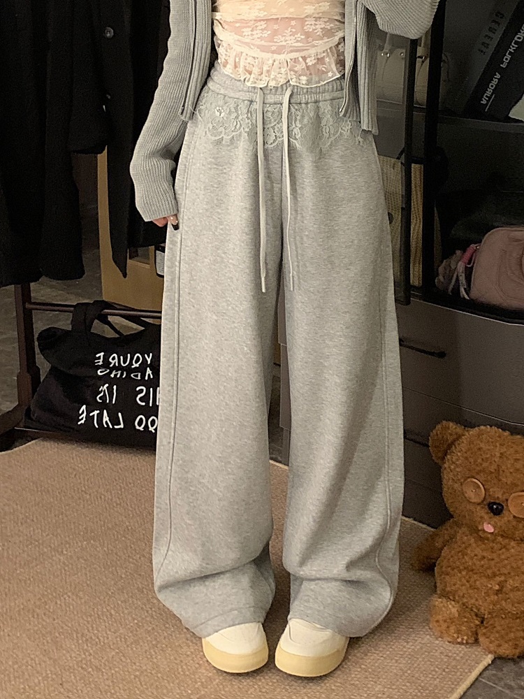Photographed Sweet and Spicy Lace Splicing Design Embellished Warm Wide-Leg Pants Autumn/Winter Loose High-Waist Casual Floor-Length Pants
