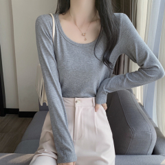 Low round neck pure cotton bottoming shirt for women, fashionable inner top 2024 fashionable slim long-sleeved T-shirt