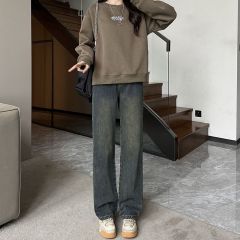 Velvet/non-velvet warm jeans for women, high-waisted, retro cement gray, tall straight wide-leg pants, trendy