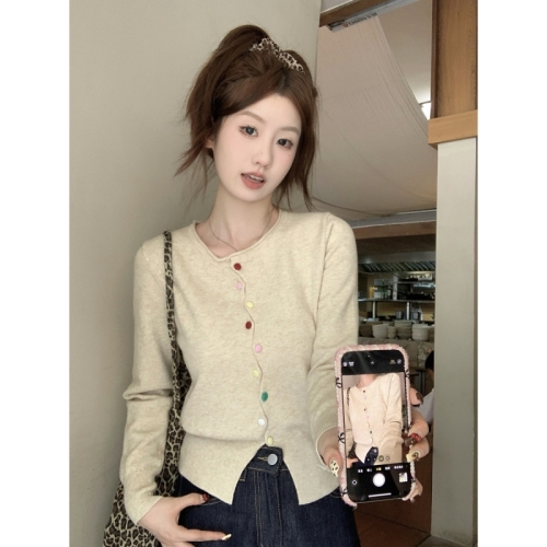 Real shot of autumn and winter Korean style sweet rainbow button design Andy velvet sweater long-sleeved sweater cardigan jacket