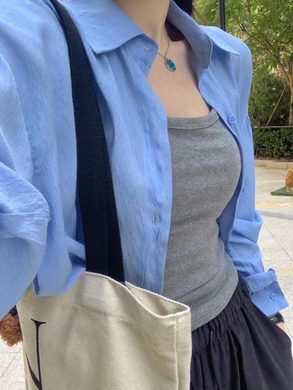 Blue textured sun protection shirt for women summer loose casual basic versatile thin breathable shirt jacket