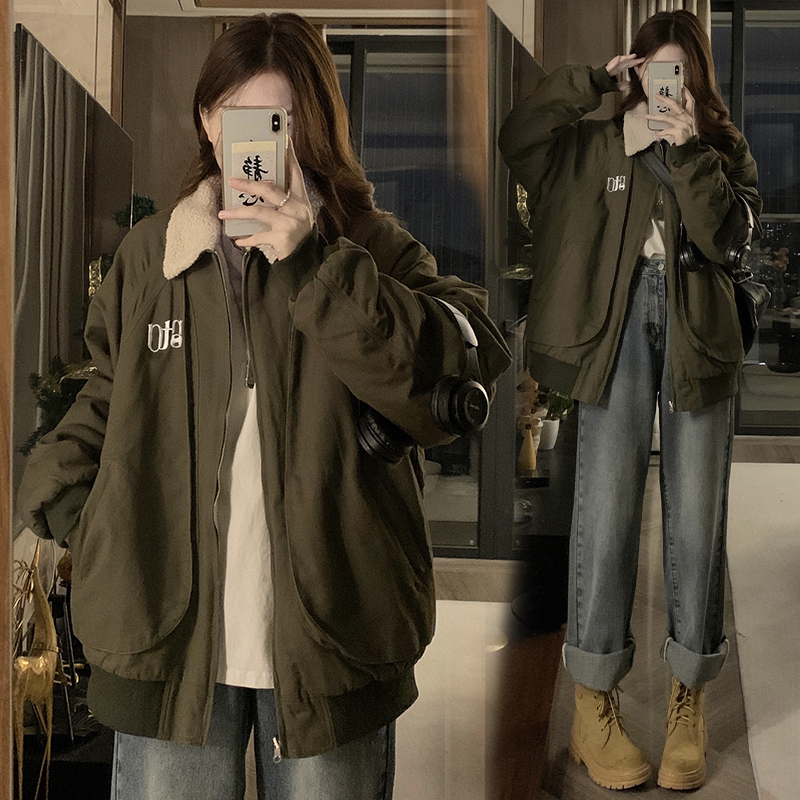 Trendy imitation lamb wool lining reversible work jacket for men and women in autumn and winter American retro high street jacket