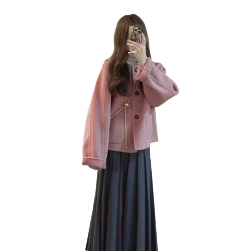 High-end pink woolen coat short women's autumn and winter clothing new Korean style small literary retro woolen coat