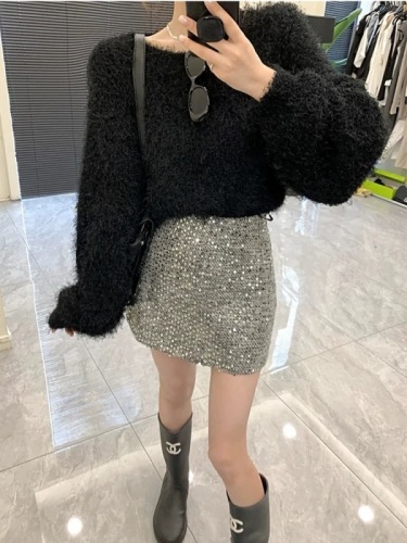 High-waisted skirt for women, autumn and winter silver sequin niche design hip-hugging short skirt