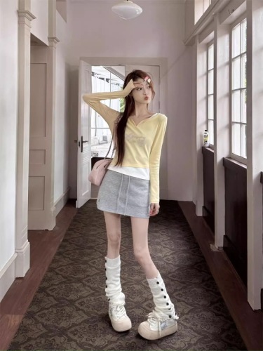 1*1 rayon Korean yellow long-sleeved T-shirt women's slimming fake two-piece short top