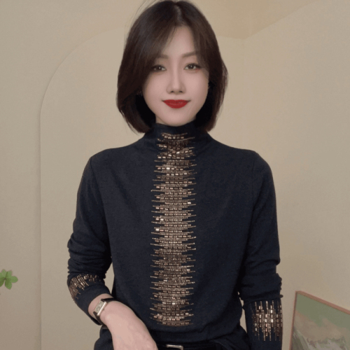 2024 Autumn New Half Turtle Collar Solid Color Versatile Hot Diamond Long Sleeve Casual T-Shirt Feminine Temperament Ladies Slim-fitting Shirt