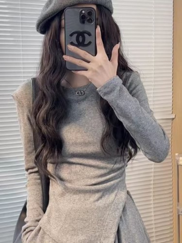 Korean style casual waist-cinching autumn and winter slim fashion top set new irregular T-shirt + wide-leg trousers two-piece set