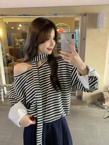 Actual shot Korean style casual loose shoulder-sleeved round neck pullover T-shirt contrasting stripes fake two-piece long-sleeved top