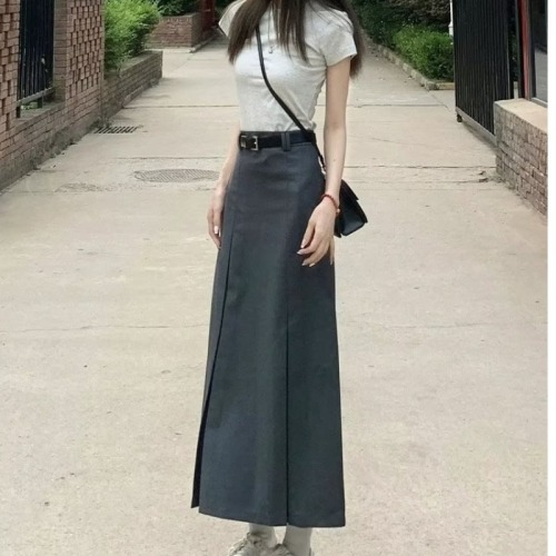 Gray pleated skirt women's new summer high-end mid-length high-waisted slim straight suit a-line skirt