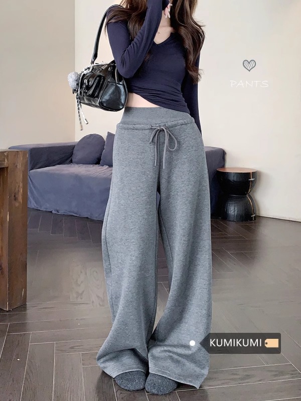 Threaded spliced ​​waist pure cotton sweatpants drawstring loose plus velvet thickened wide leg gray sweatpants for women autumn