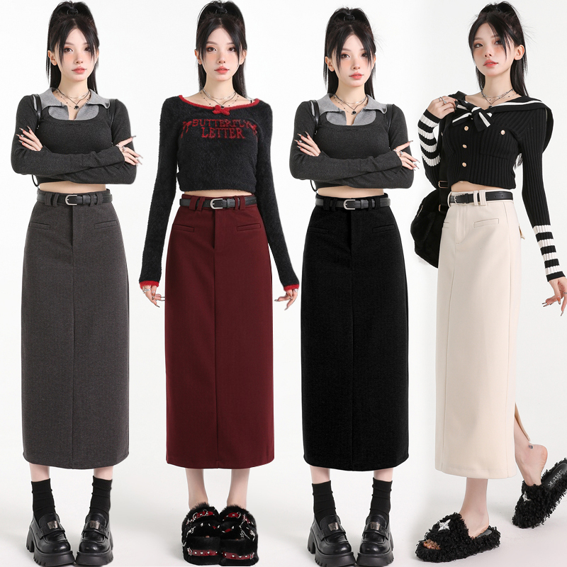 Woolen suit skirt for women 2024 autumn and winter high waist slit straight hip-covering workwear skirt mid-length a-line skirt