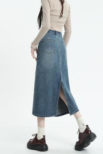 Retro slit denim skirt for women 2024 new high-waisted versatile a-line mid-length hip skirt