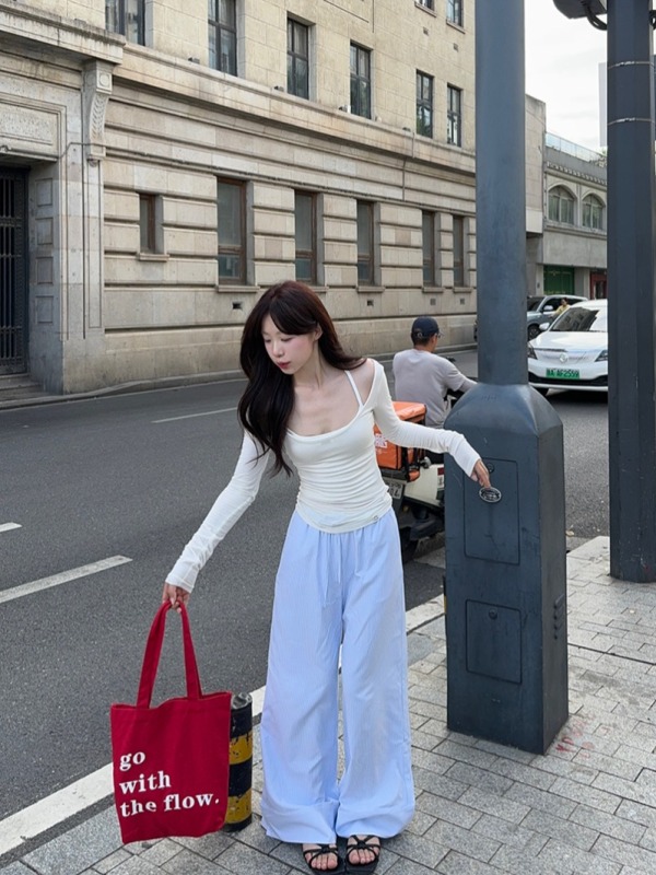 Sun protection blouse, air-conditioned blouse, basic suspenders, striped trousers three-piece set