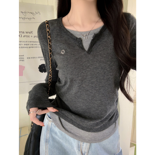 Actual shot of 280g cashmere and rayon 2*2 niche design fake two-piece contrasting color long-sleeved T-shirt for women