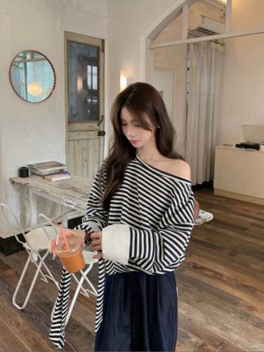 Actual shot Korean style casual loose shoulder-sleeved round neck pullover T-shirt contrasting stripes fake two-piece long-sleeved top