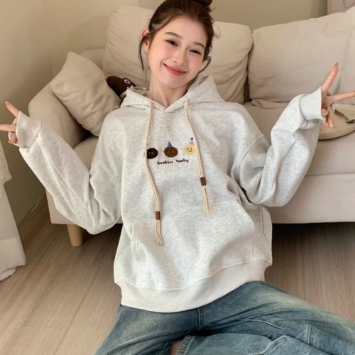 Official photo Chinese cotton composite gray embroidered velvet thickened hooded sweatshirt for women with drawstring