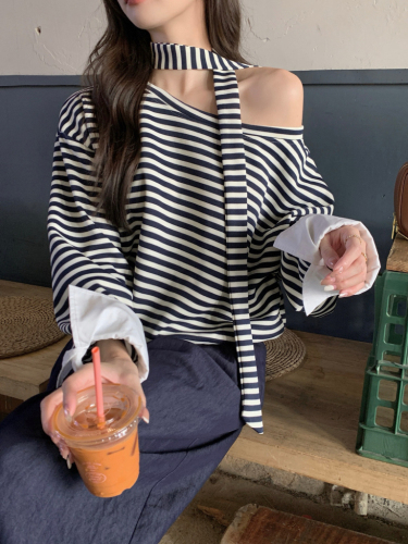 Actual shot Korean style casual loose shoulder-sleeved round neck pullover T-shirt contrasting stripes fake two-piece long-sleeved top