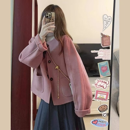 High-end pink woolen coat short women's autumn and winter clothing new Korean style small literary retro woolen coat