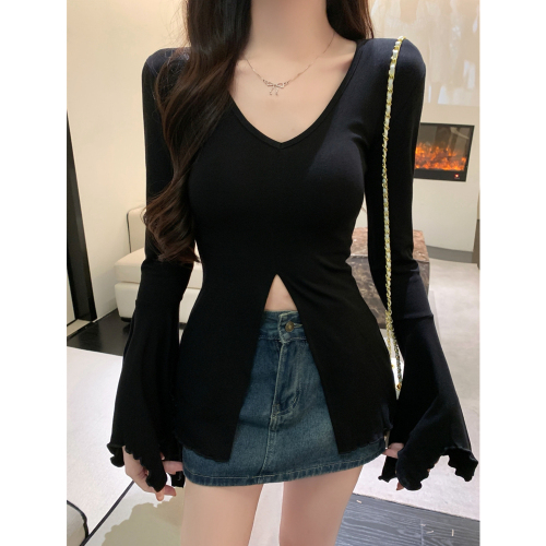 Real shot 40 count pure cotton American hottie v-neck trumpet sleeve T-shirt for women with slit black long sleeves