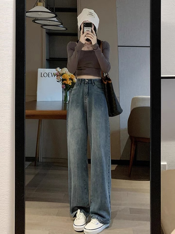 Good fabrics, large quantities of ready-made wide-leg jeans for women, spring and autumn new high-waisted loose straight-leg floor-length trousers