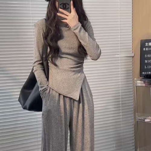 Korean style casual waist-cinching autumn and winter slim fashion top set new irregular T-shirt + wide-leg trousers two-piece set