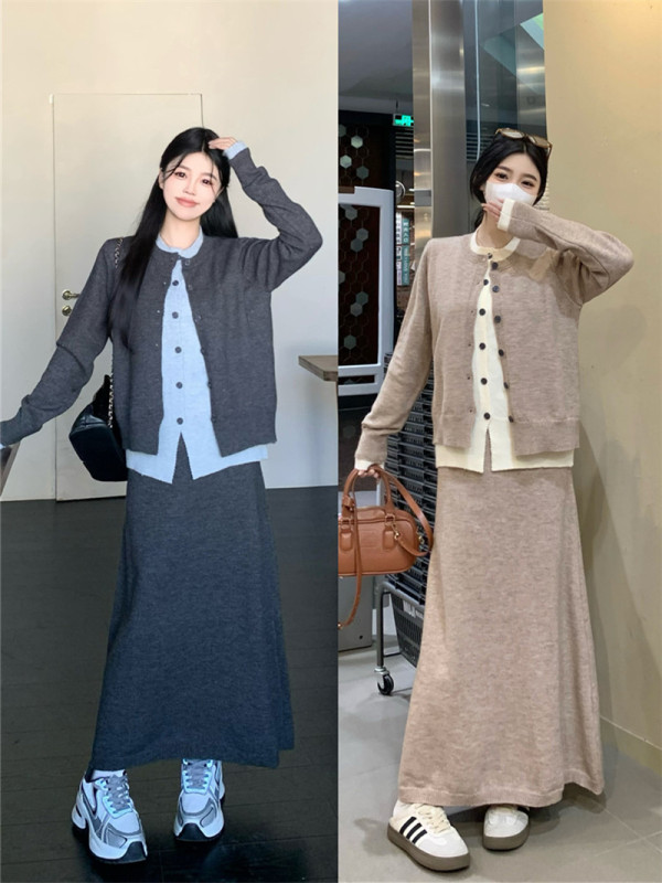 Plus size women's fake two-piece cardigan knitted top sweater jacket + skirt two-piece suit