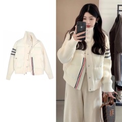 Korean college style design splicing knitted cotton jacket for men and women in autumn and winter, unique and chic stand-up collar, light cotton jacket