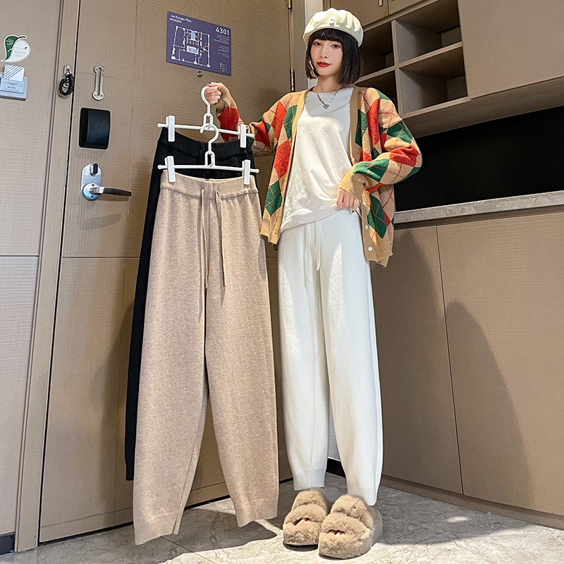 Velvet and thickened wool knitted carrot pants for women, high-waisted, loose, casual, petite granny pants, harem pants