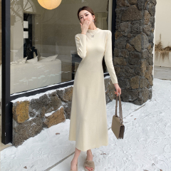 High Neck Slimming Knit Dress 2024 Autumn/Winter New Model Waist Cinching Versatile Elegant Base Wool Long Dress