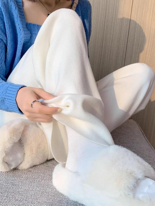 White Cashmere Soft Waxy Wide Leg Pants Women's Autumn Lazy Style Casual Straight Knitted Floor-Mopping Pants