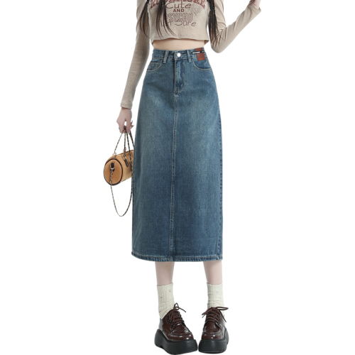 Retro slit denim skirt for women 2024 new high-waisted versatile a-line mid-length hip skirt