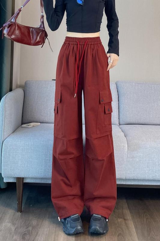 2024 Autumn New Overalls Ankara Red Tencel Cotton Tie-Leg Wide-Leg Two-Wear Sports Pants for Women