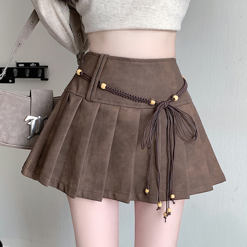 American hot girl PU leather skirt brown distressed pleated skirt slimming A-line skirt Maillard outfit