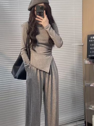 Korean style casual waist-cinching autumn and winter slim fashion top set new irregular T-shirt + wide-leg trousers two-piece set