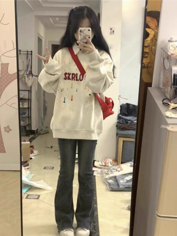 Full matte anti-pilling 350g imitation cotton/450g composite silver fox velvet printed round neck sweatshirt for women