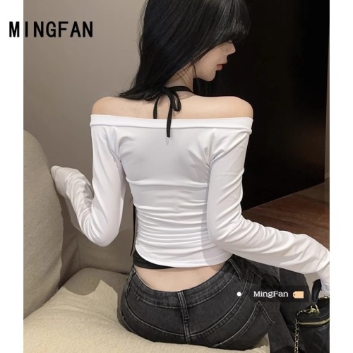 40 count pure cotton bow halter fake two-piece spliced ​​V-neck long-sleeved T-shirt bottoming top