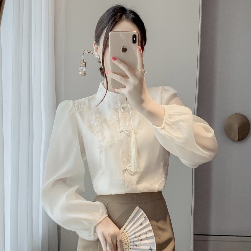 New new Chinese style stand collar national style button-up shirt design embroidered puff sleeve top